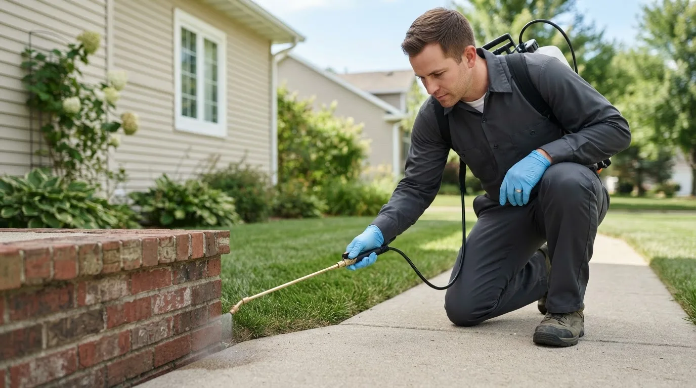 Pest control technician treating a home near Little Cedar, IA