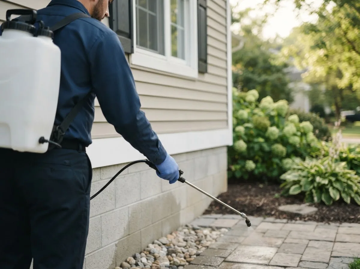 Pest control technician inspecting a home in Little Cedar, IA